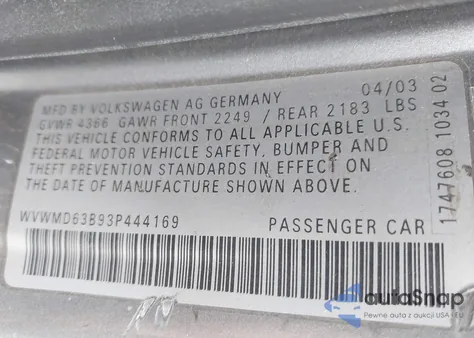 2003 Volkswagen Passat Gl z USA, uszkodzony, nr VIN WVWMD63B93P444169